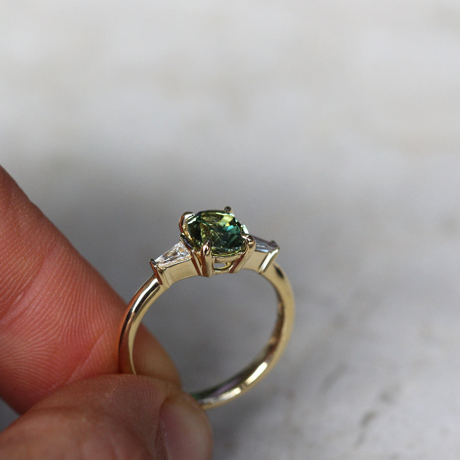 Green Parti Sapphire + Tapered Baguette-cut Diamond Ring - 1.45ct