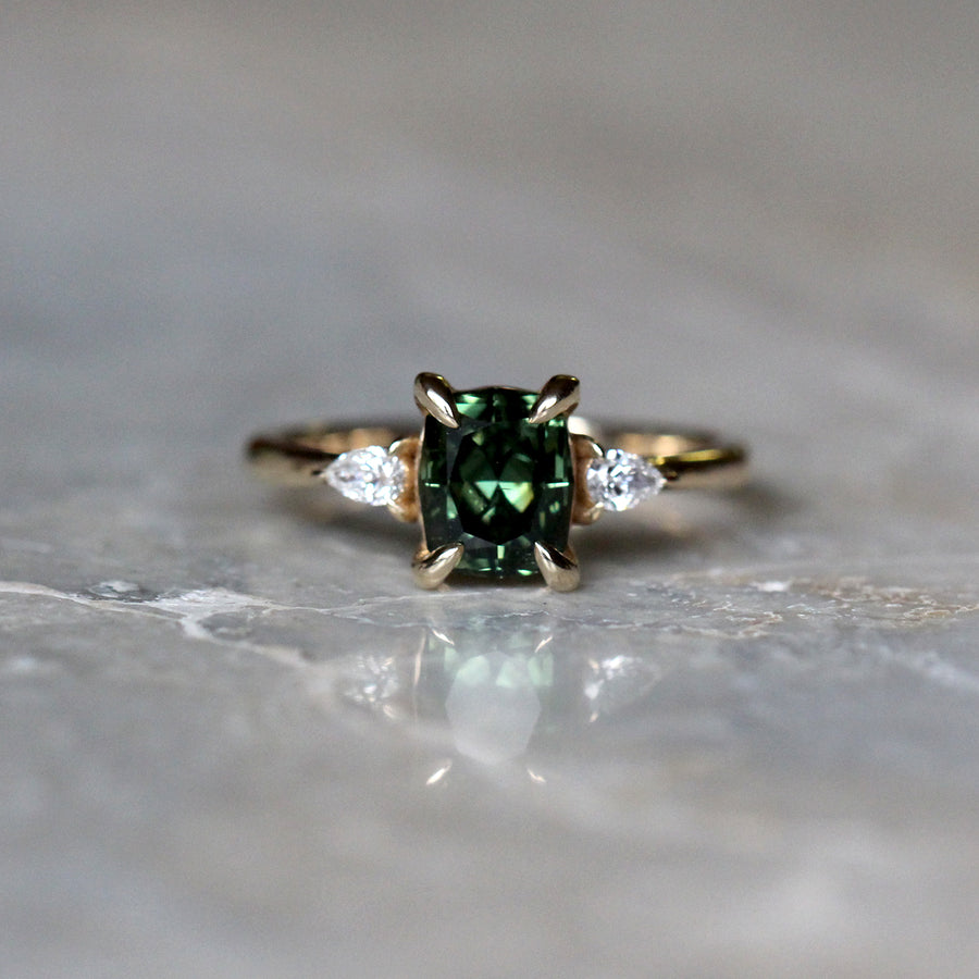 Green Sapphire + Pear Diamond Ring - 1.5ct