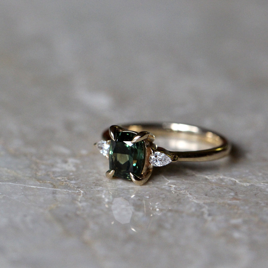 Green Sapphire + Pear Diamond Ring - 1.5ct