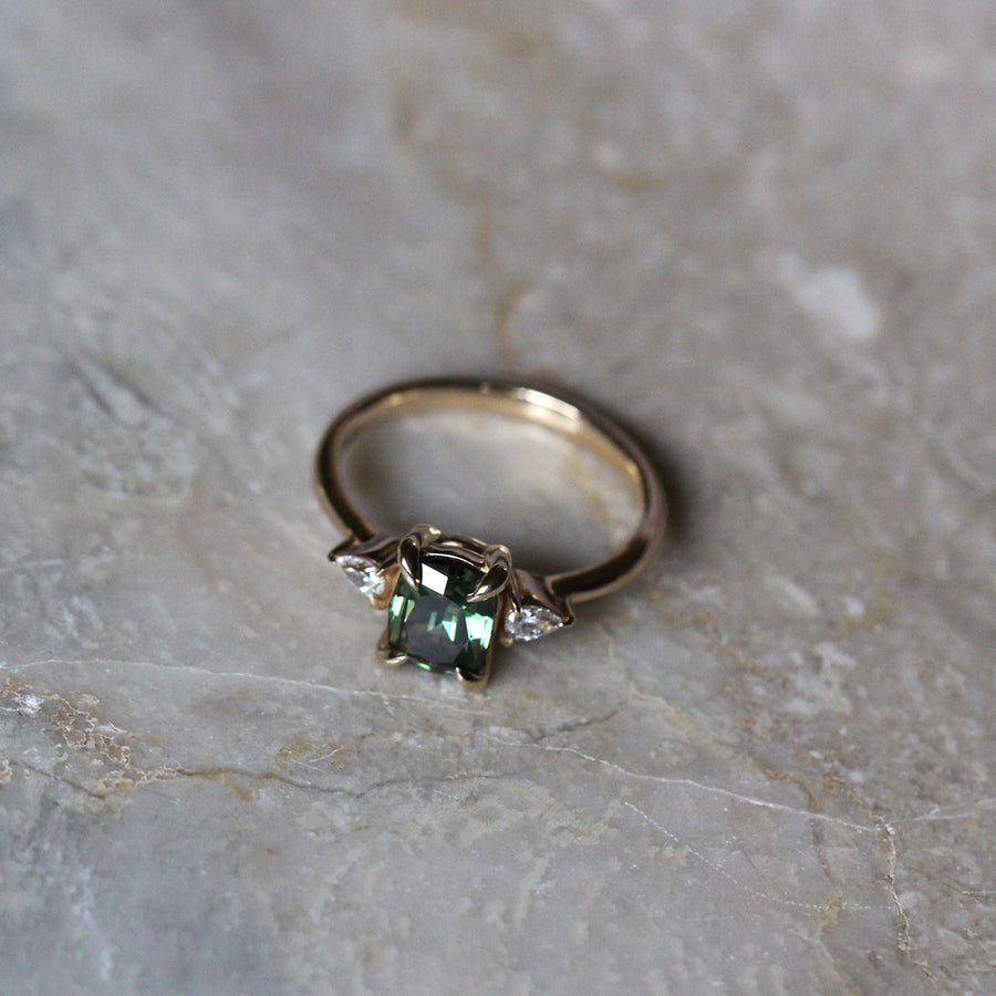 Green Sapphire + Pear Diamond Ring - 1.5ct