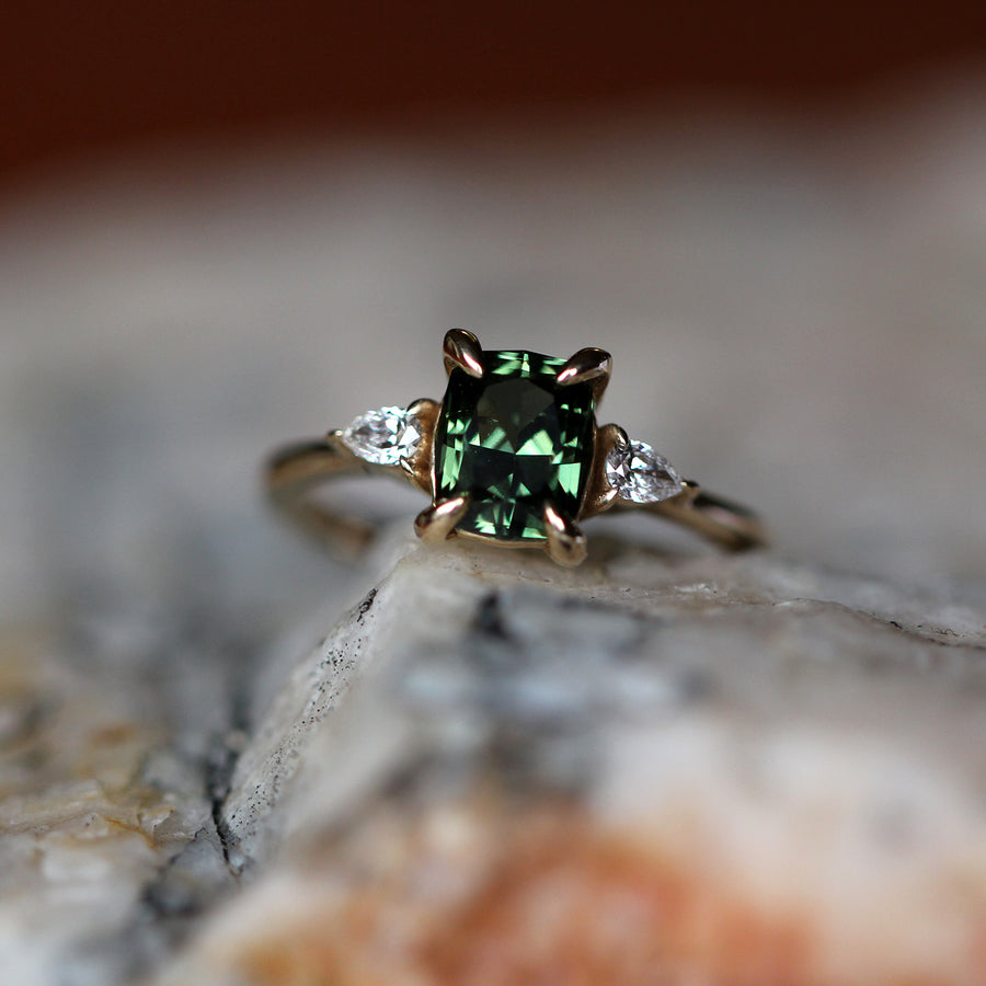 Green Sapphire + Pear Diamond Ring - 1.5ct
