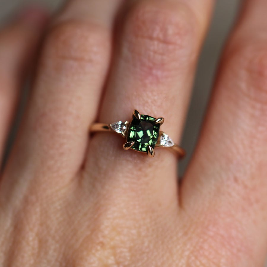 Green Sapphire + Pear Diamond Ring - 1.5ct
