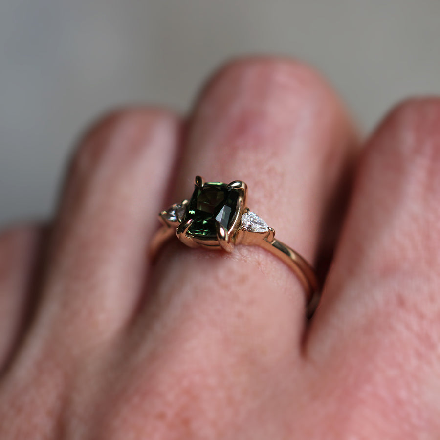 Green Sapphire + Pear Diamond Ring - 1.5ct