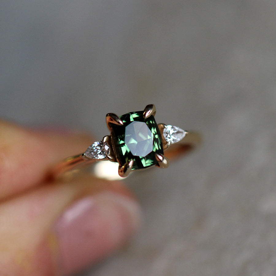 Green Sapphire + Pear Diamond Ring - 1.5ct