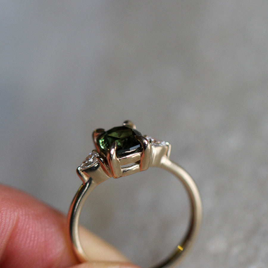 Green Sapphire + Pear Diamond Ring - 1.5ct