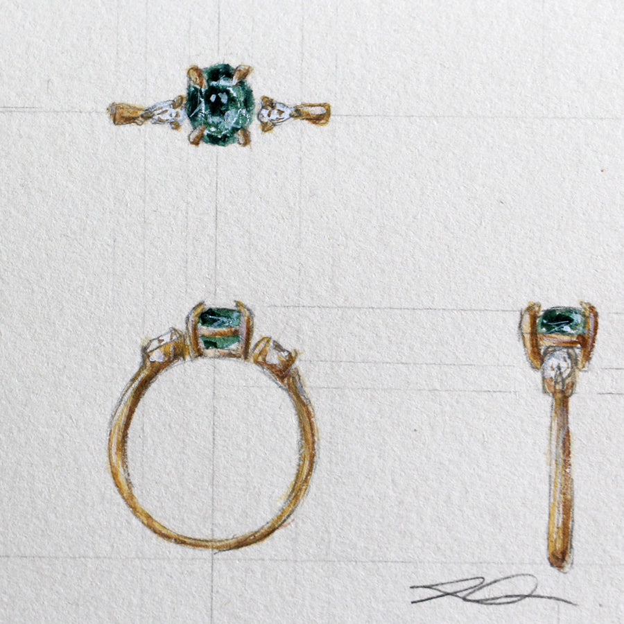 Green Sapphire + Pear Diamond Ring - 1.5ct