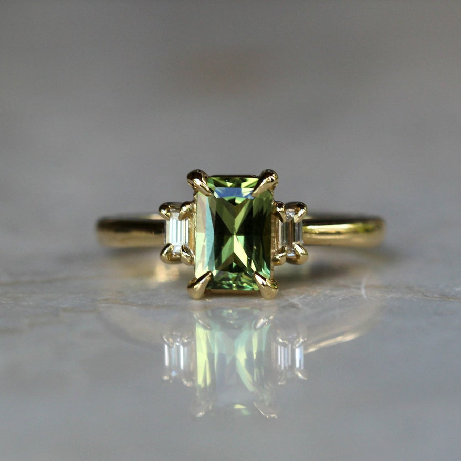 Green Yellow Sapphire + Baguette Diamond Ring - 1.35ct