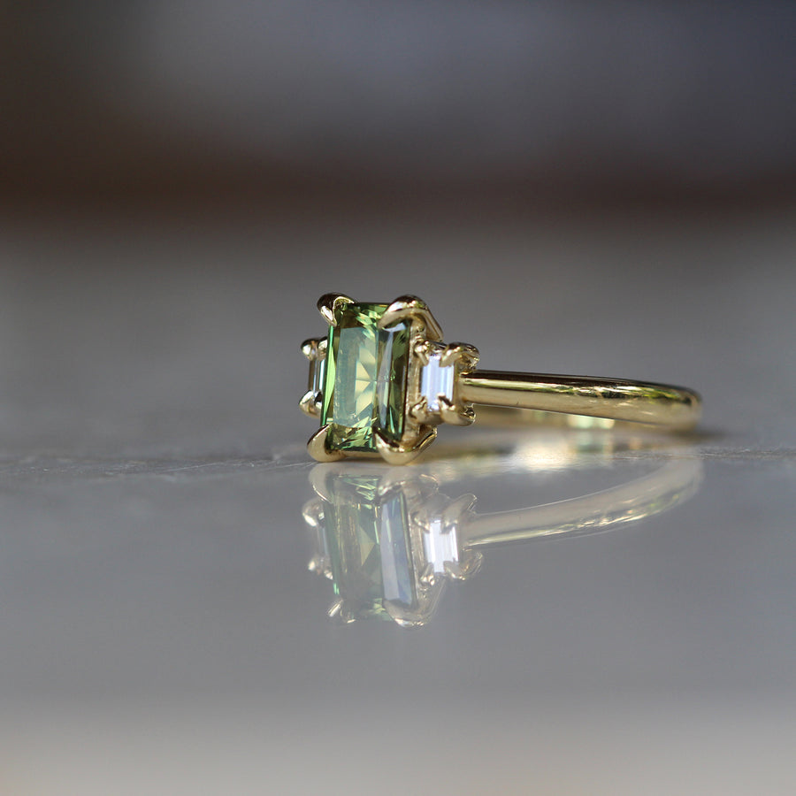 Green Yellow Sapphire + Baguette Diamond Ring - 1.35ct