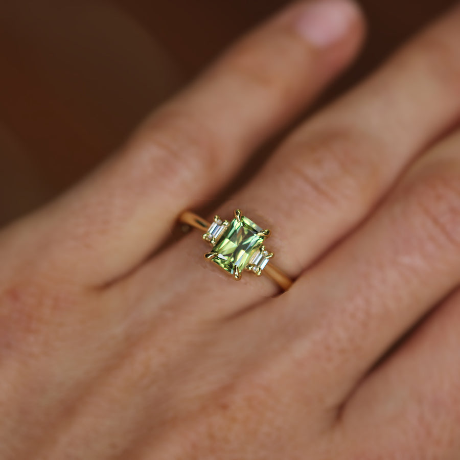 Green Yellow Sapphire + Baguette Diamond Ring - 1.35ct