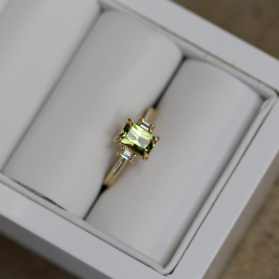 Green Yellow Sapphire + Baguette Diamond Ring - 1.35ct