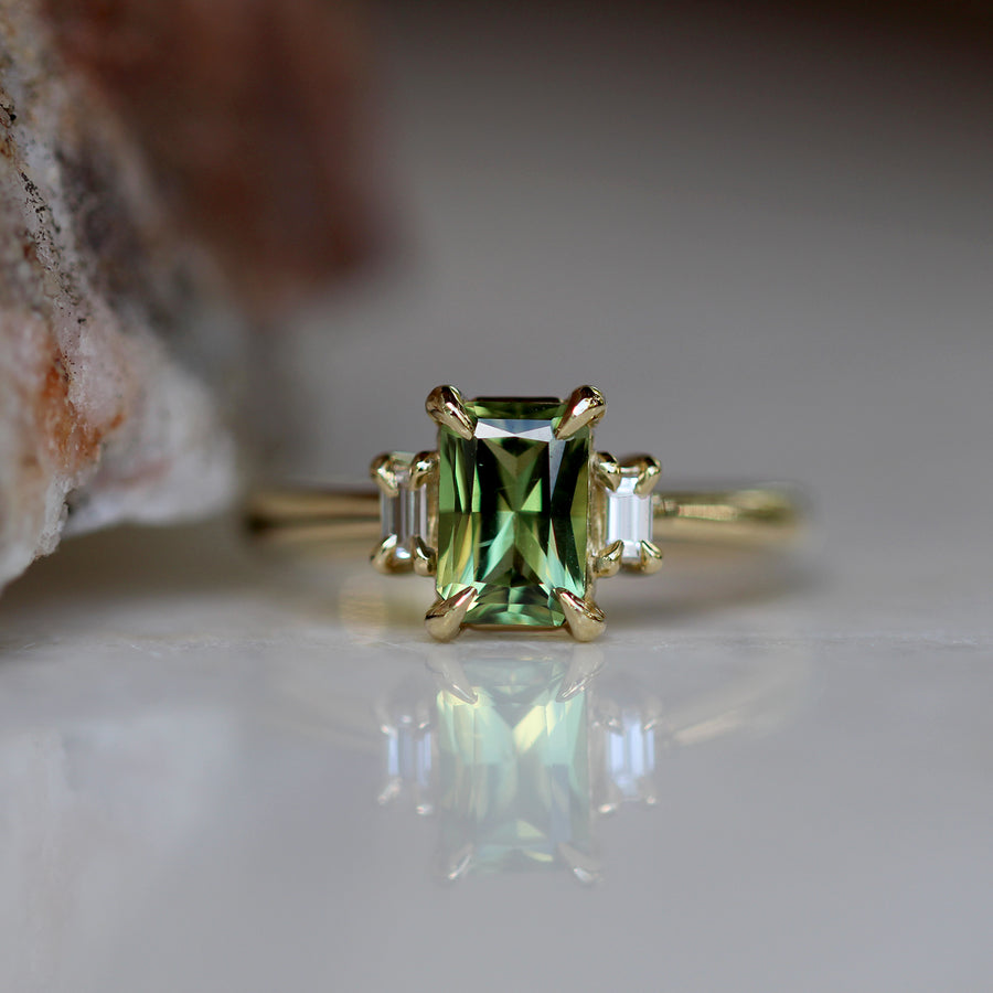 Green Yellow Sapphire + Baguette Diamond Ring - 1.35ct