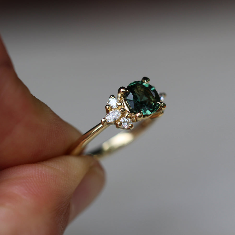 Green Sapphire + Diamond Cluster Ring - 1.2ct